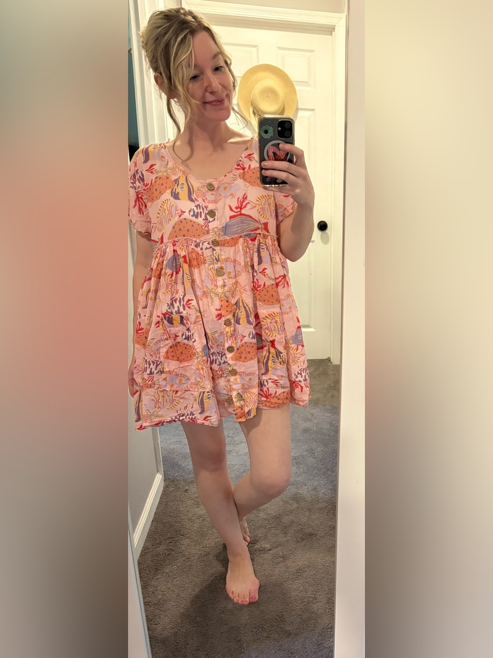 Free People Pink Printed Tiered Mini Dress with Button Front